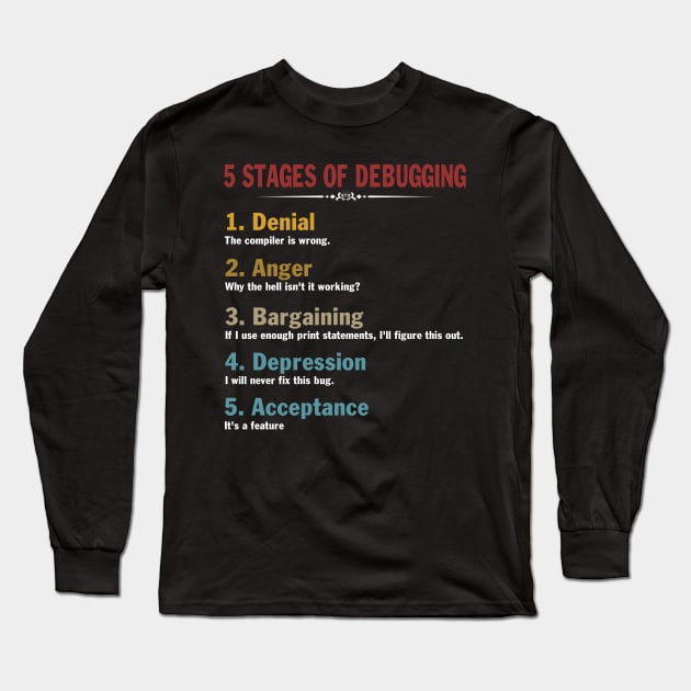 5 Stages of Debugging Full Stack Coder Software Developer Long Sleeve T-Shirt by peskybeater